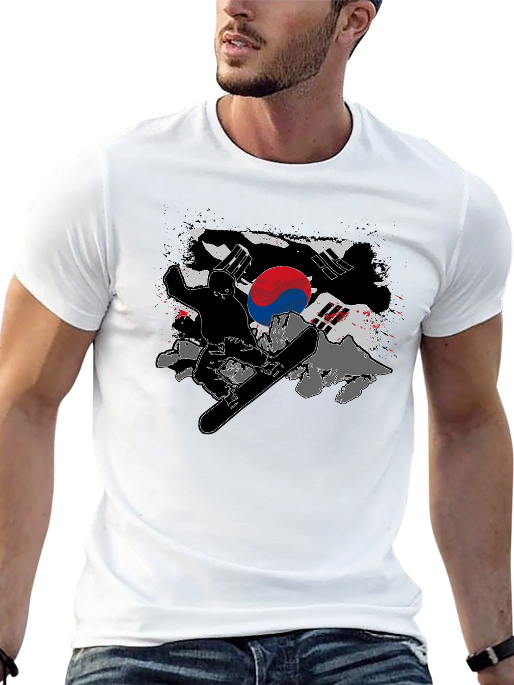 South Korea Flag Snowboarder Black T-Shirt