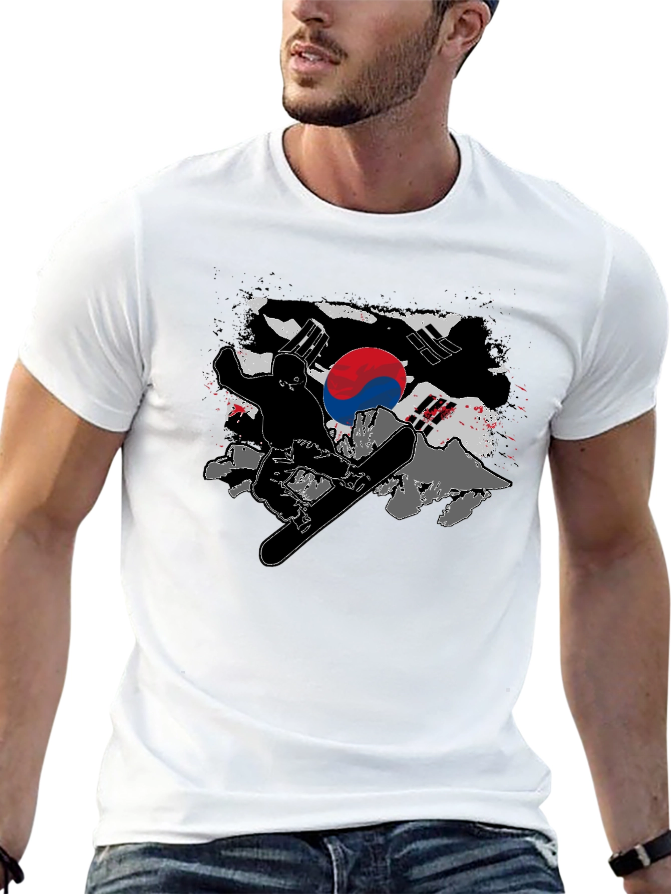 South Korea Flag Snowboarder Black T-Shirt