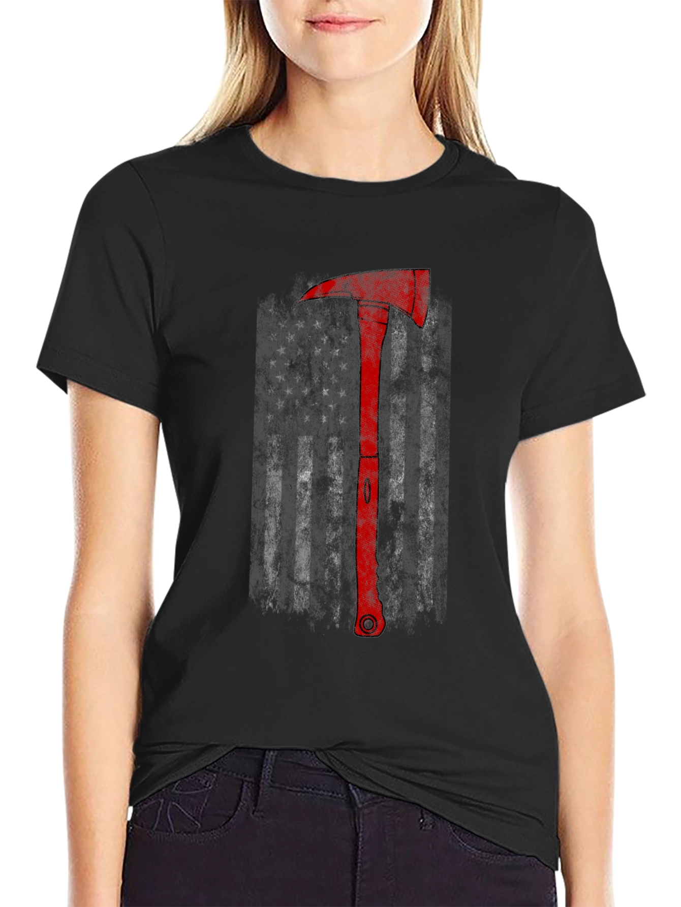 Firefighter Axe American Flag Black T-Shirt