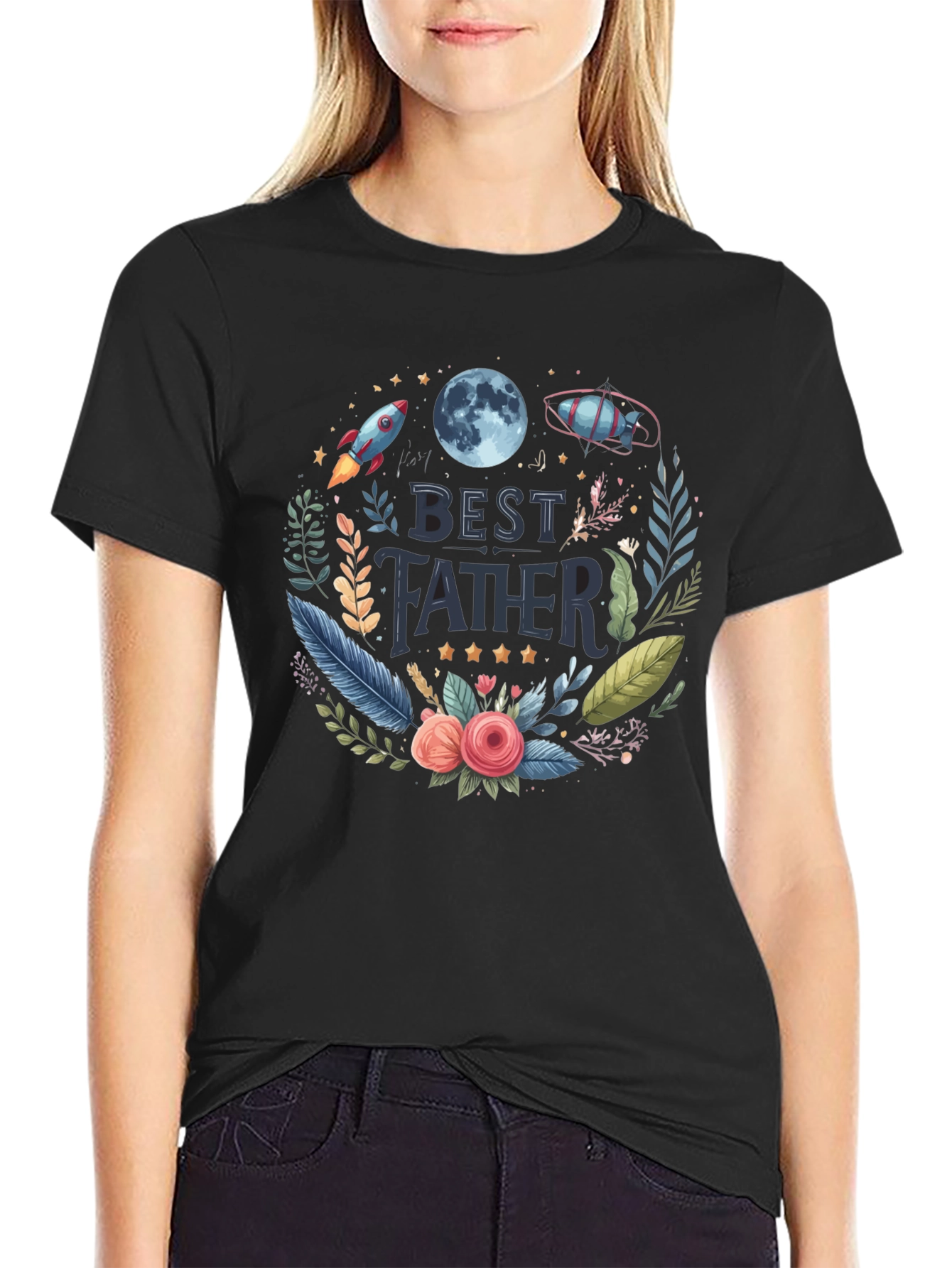 Best Father T-Shirt - Space Floral Design