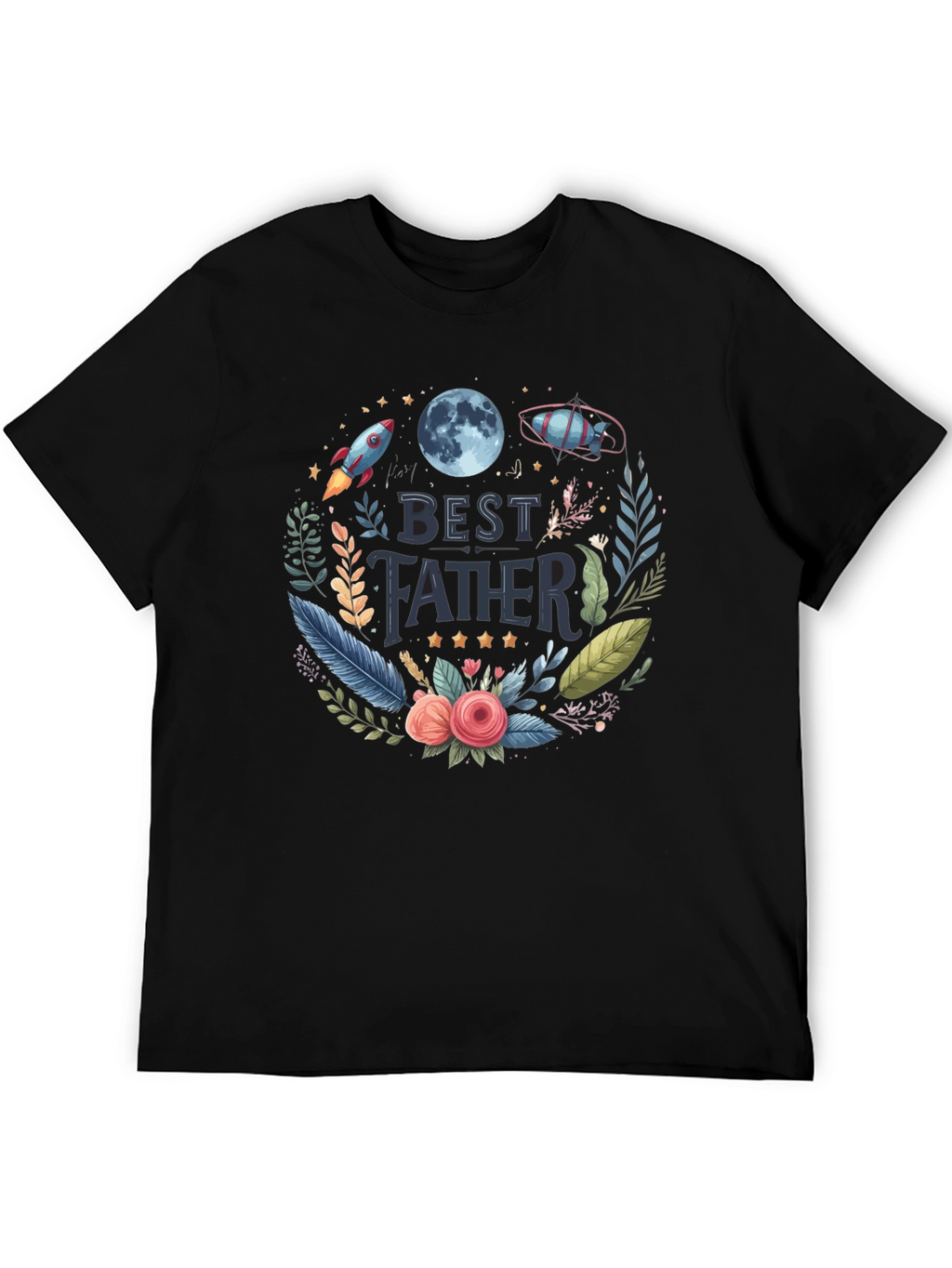 Best Father T-Shirt - Space Floral Design