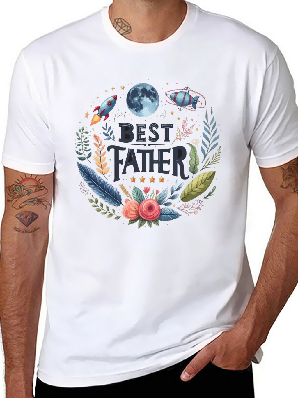 Best Father T-Shirt - Space Floral Design