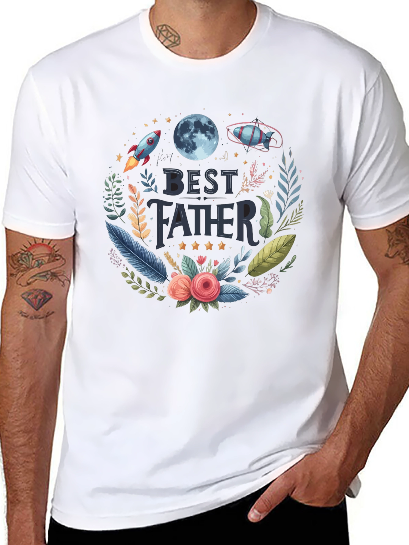 Best Father T-Shirt - Space Floral Design