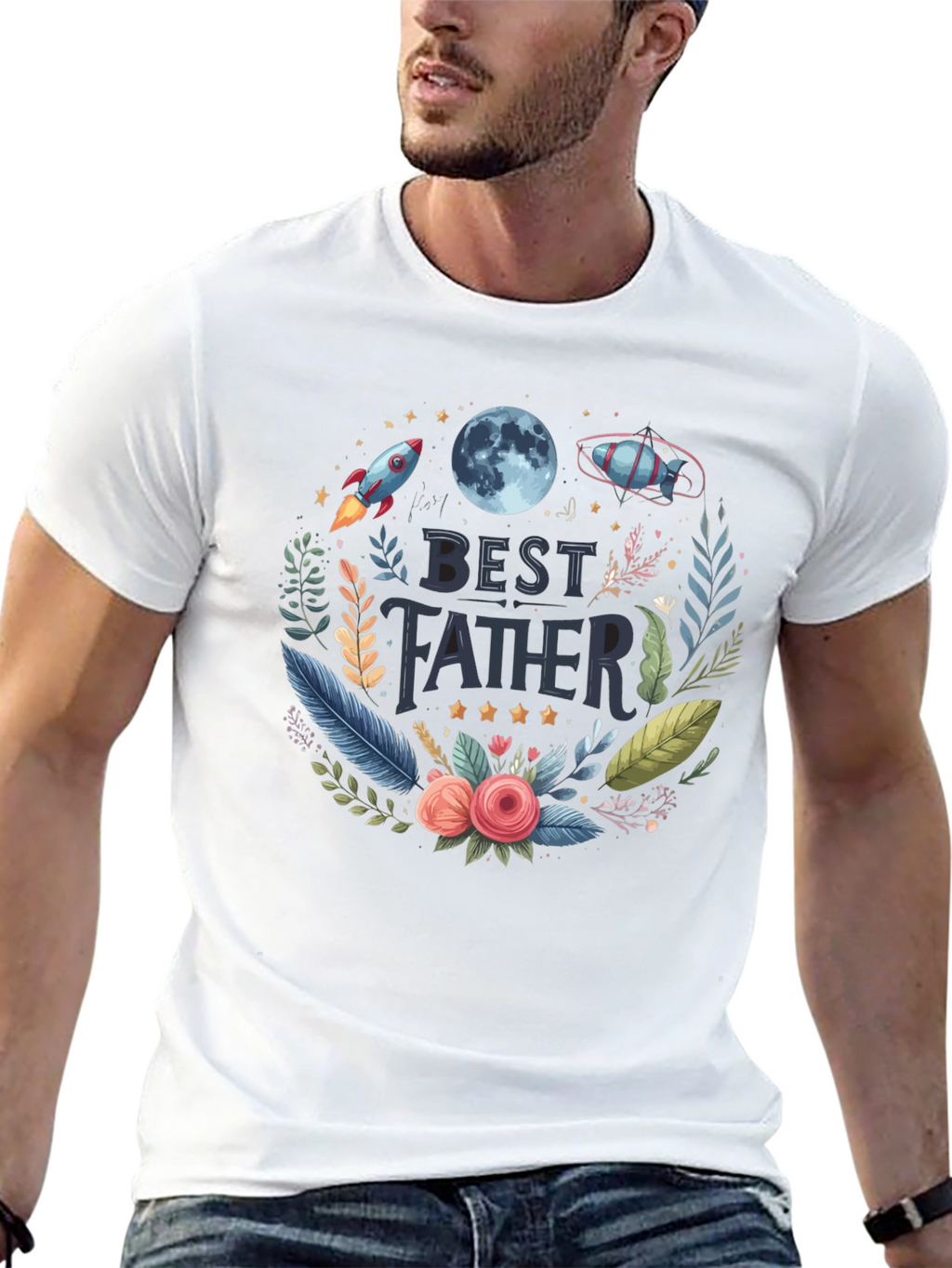 Best Father T-Shirt - Space Floral Design