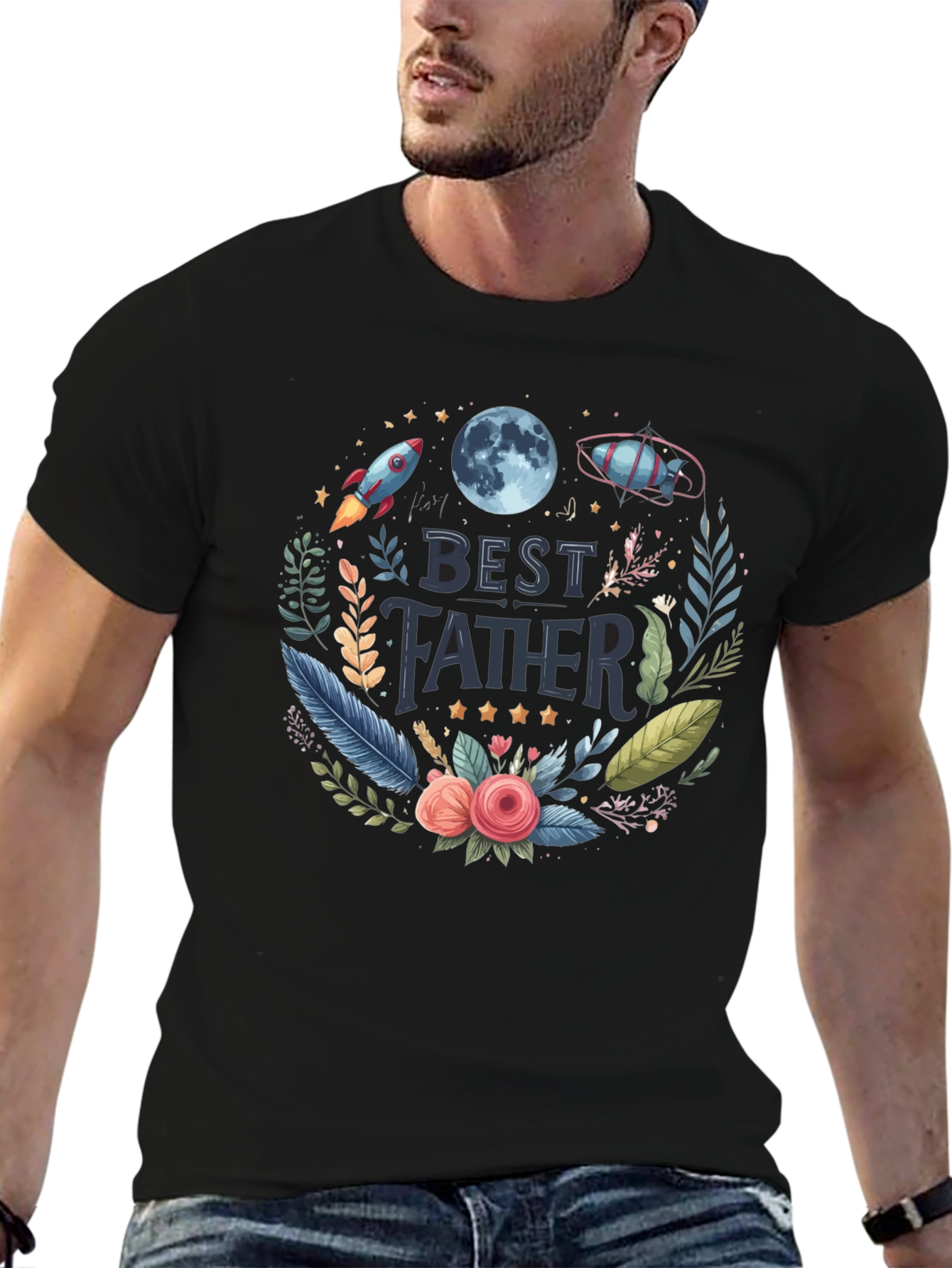 Best Father T-Shirt - Space Floral Design