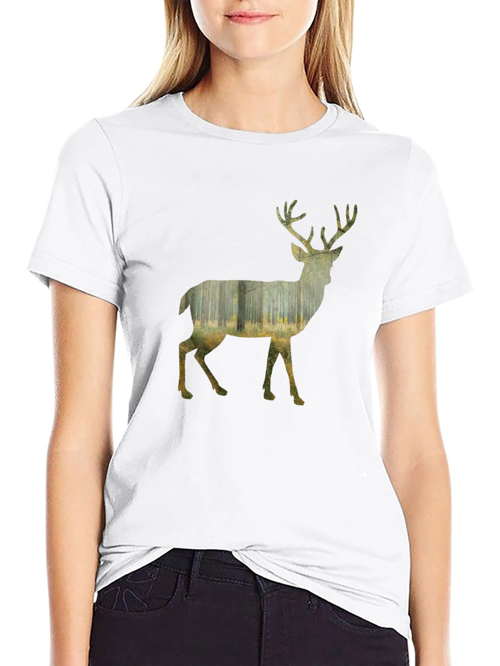 Deer Forest Graphic Print Black T-Shirt