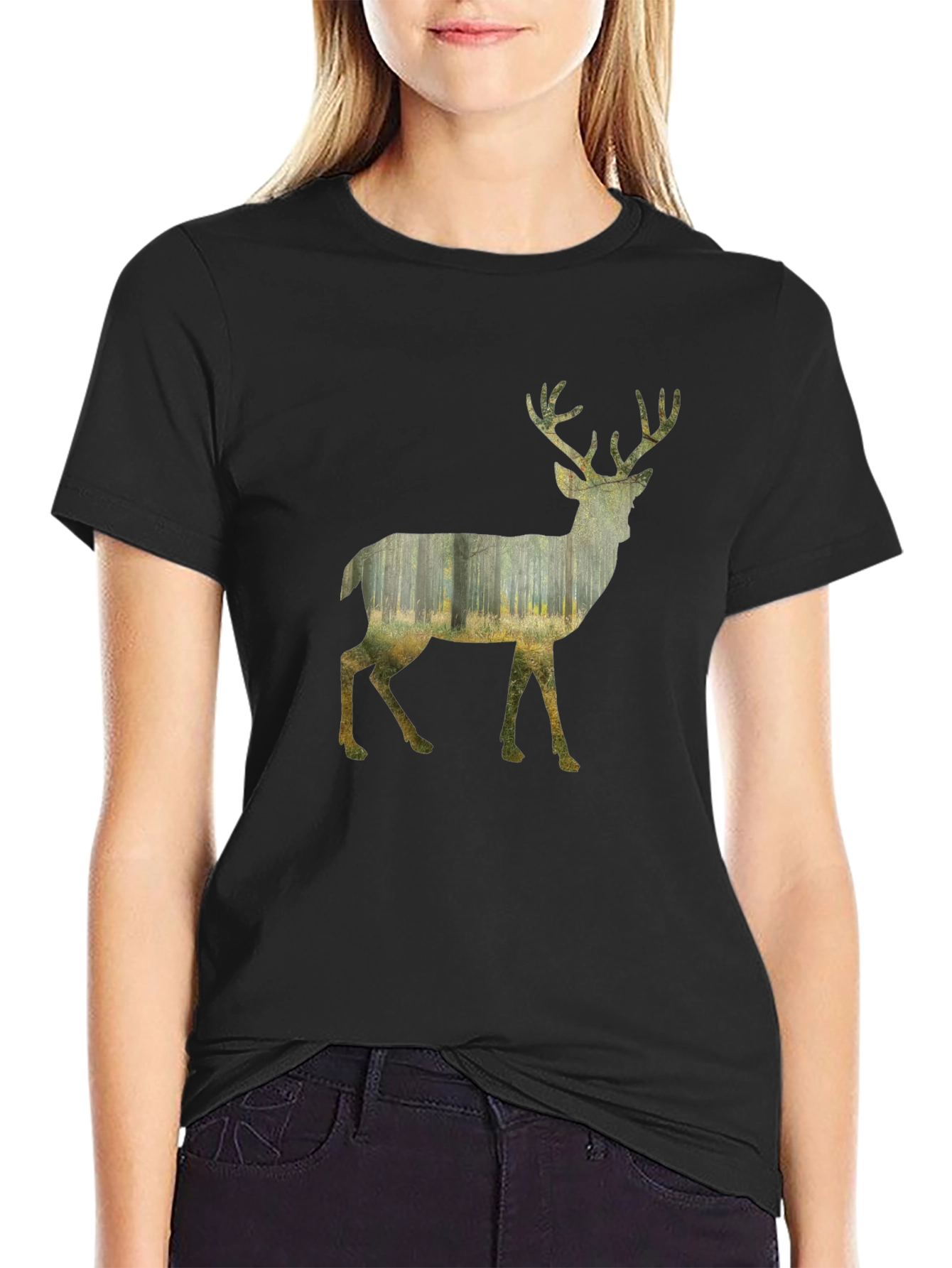 Deer Forest Graphic Print Black T-Shirt