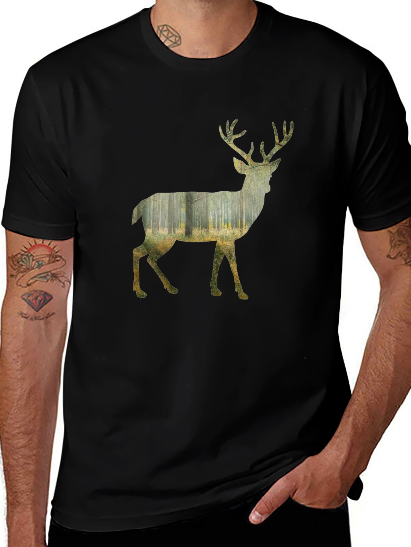 Deer Forest Graphic Print Black T-Shirt
