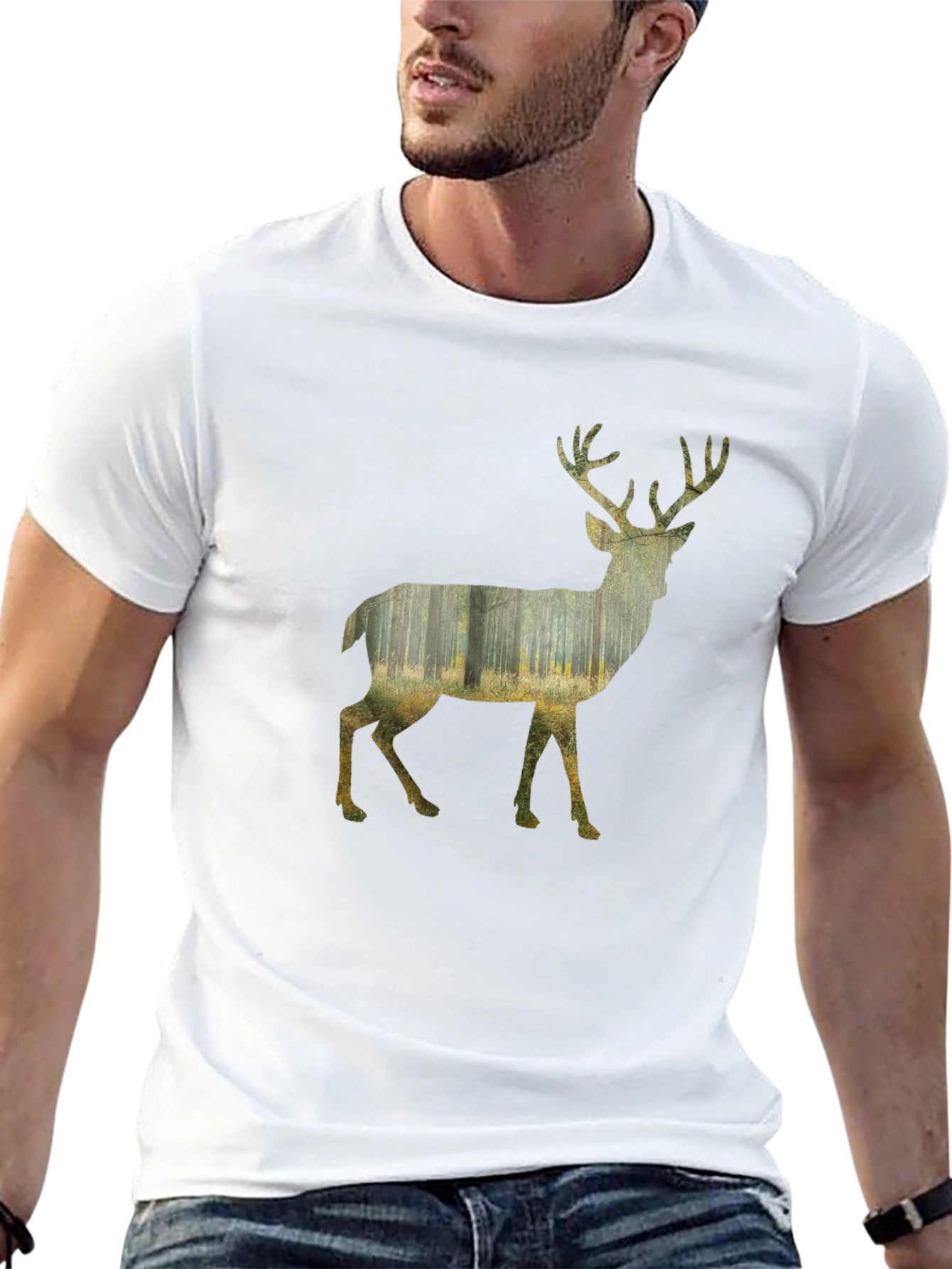 Deer Forest Graphic Print Black T-Shirt