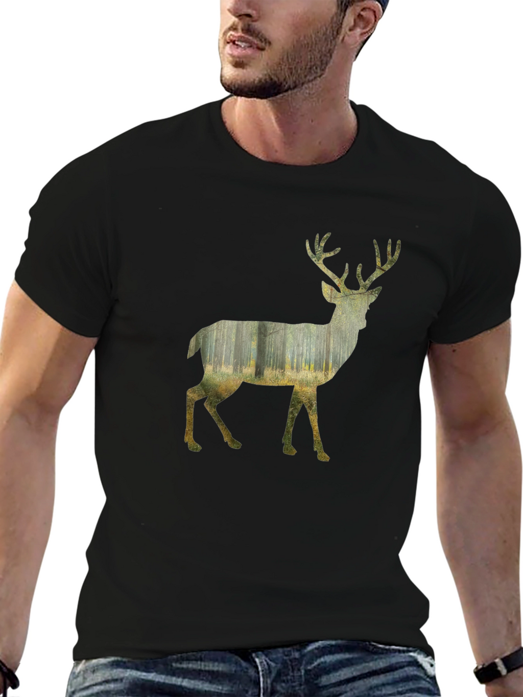 Deer Forest Graphic Print Black T-Shirt
