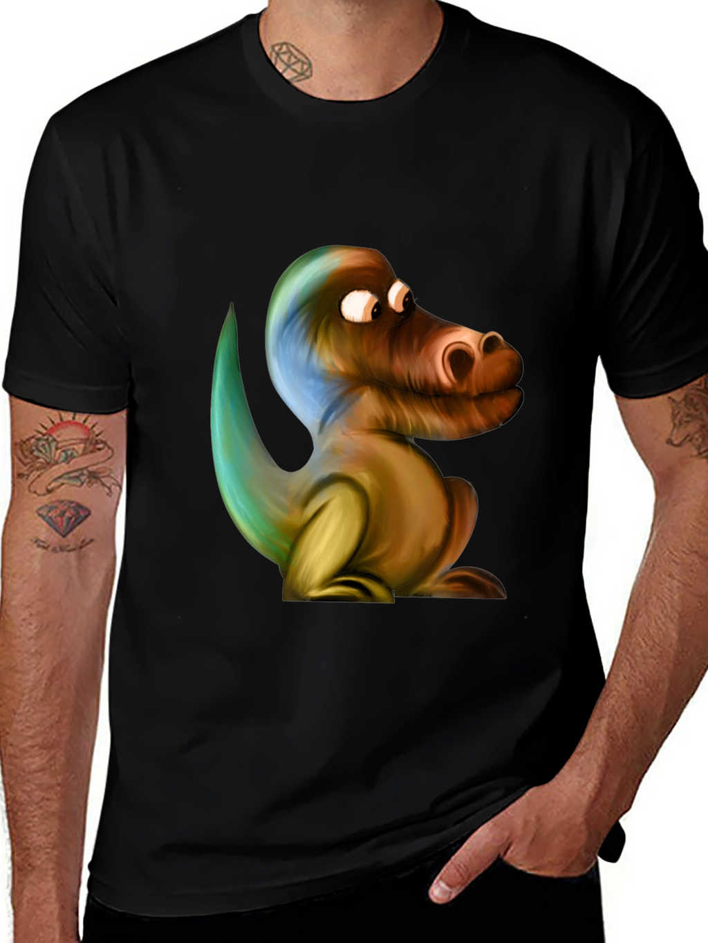 Cartoon Dinosaur Graphic Black T-Shirt