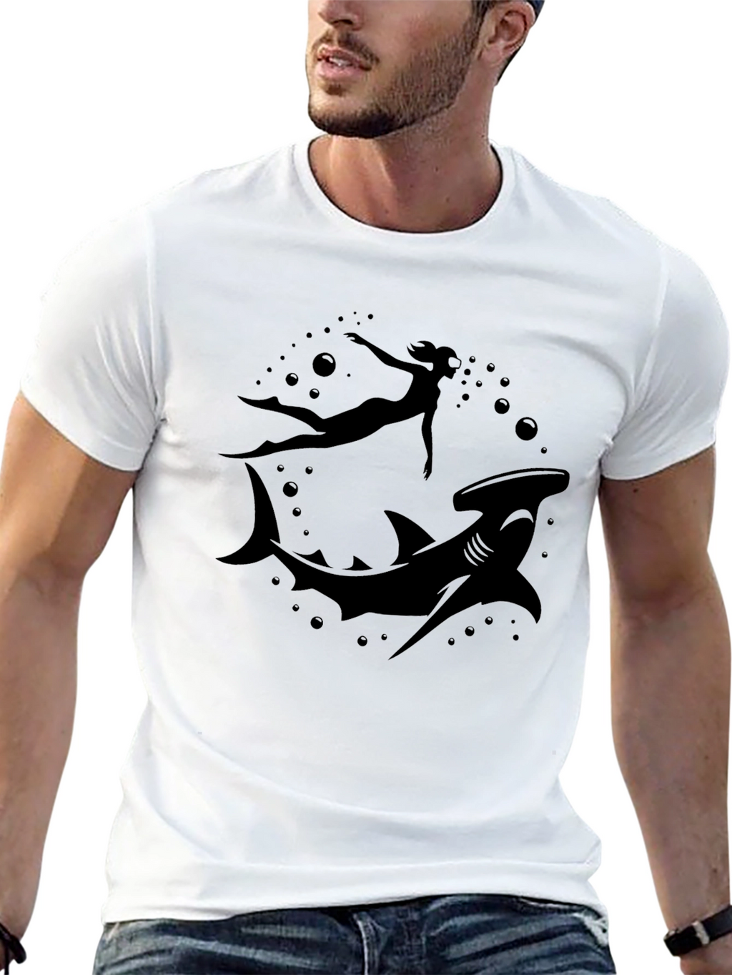 Hammerhead Shark & Diver Black T-Shirt