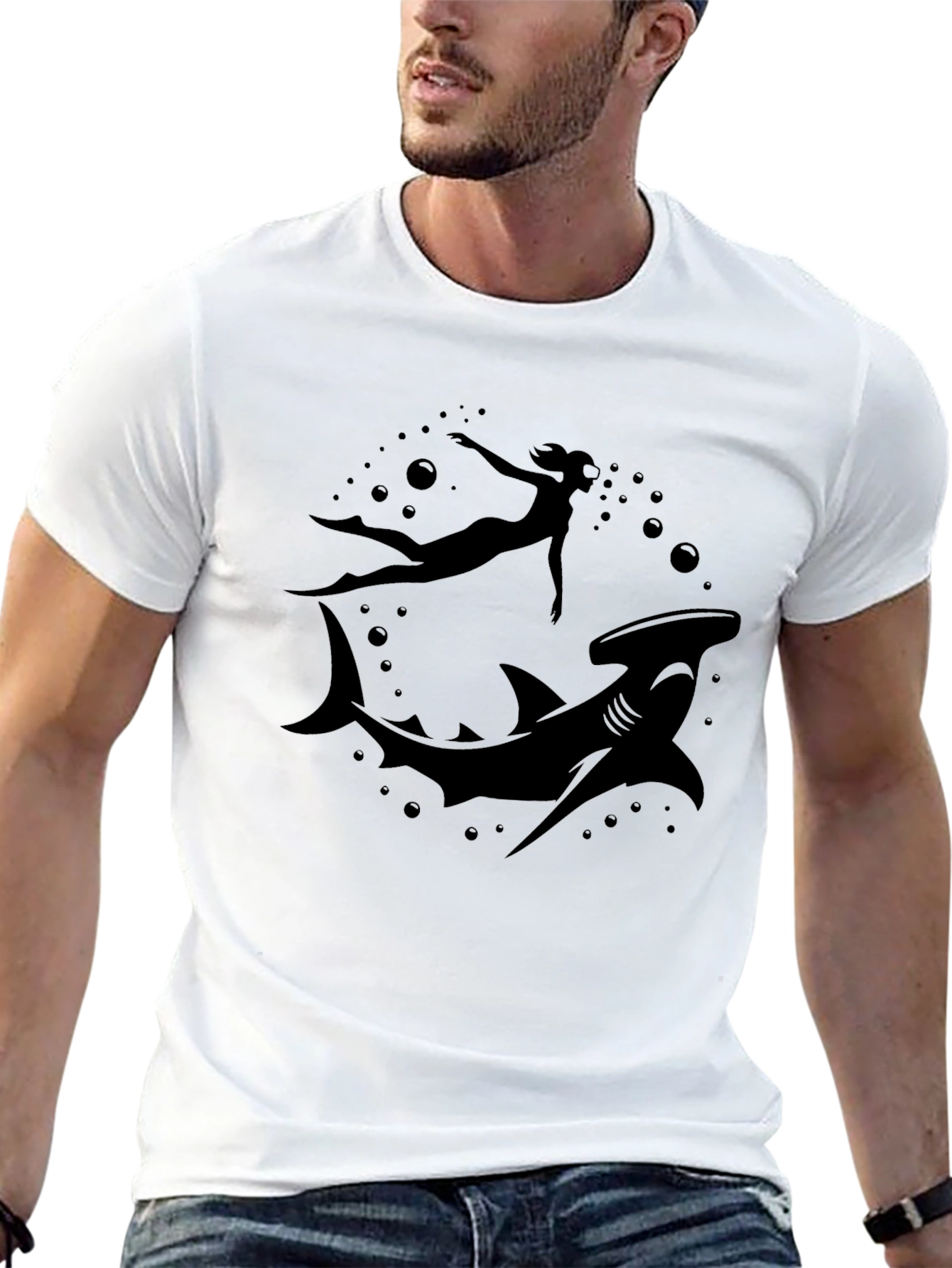Hammerhead Shark & Diver Black T-Shirt