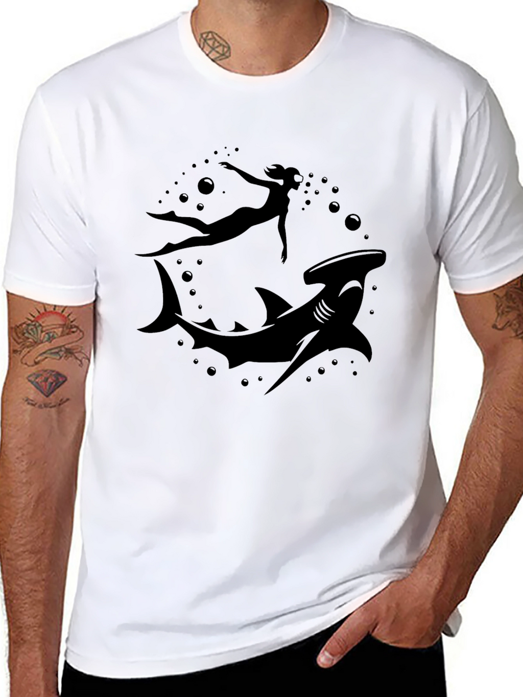 Hammerhead Shark & Diver Black T-Shirt