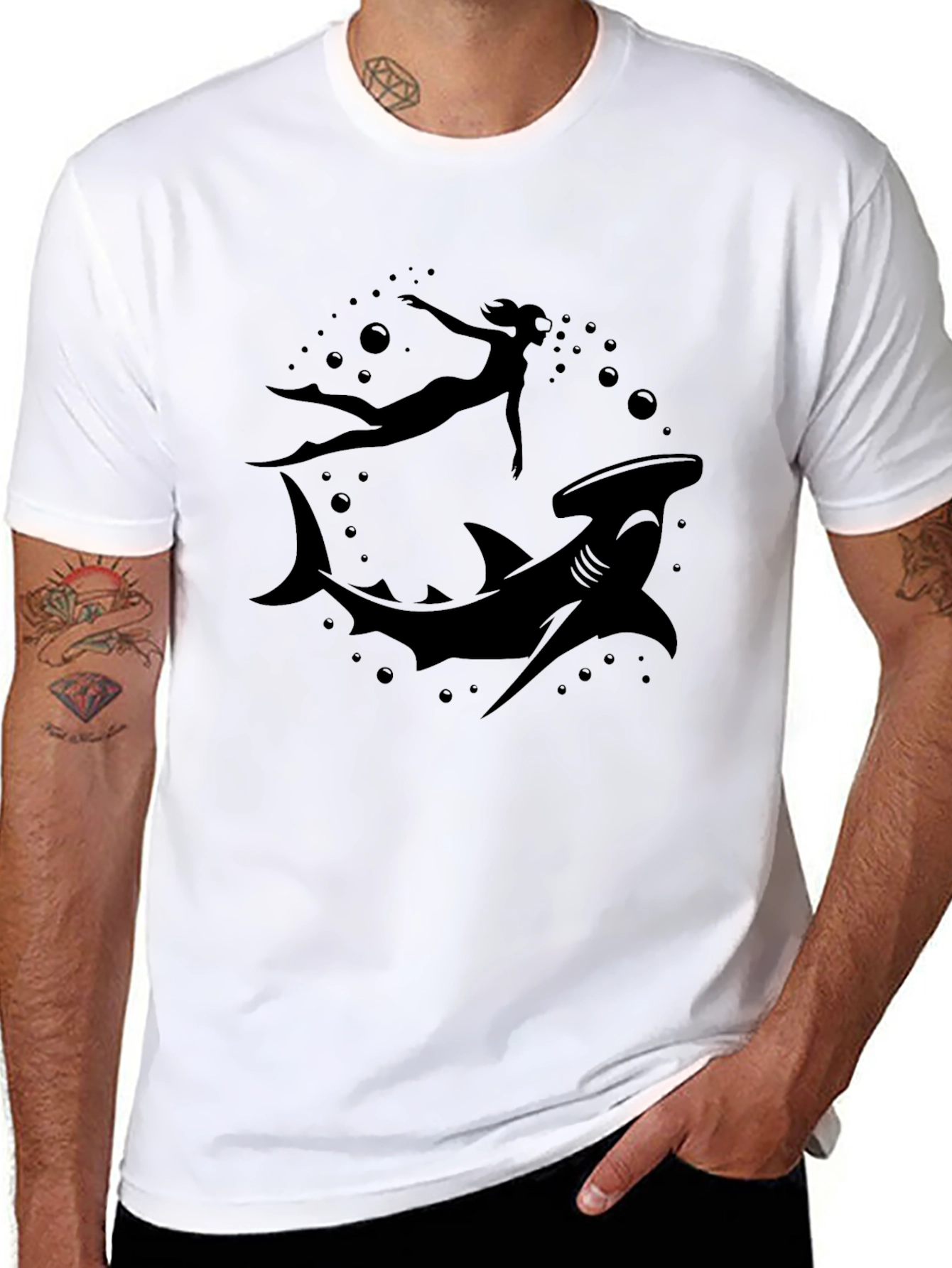 Hammerhead Shark & Diver Black T-Shirt