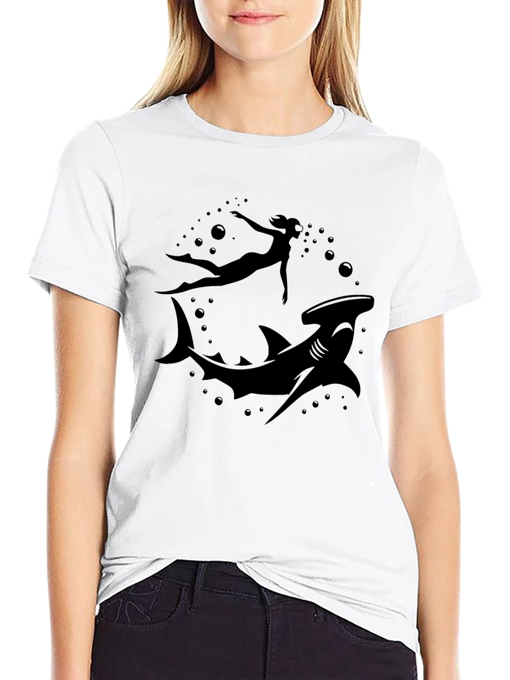 Hammerhead Shark & Diver Black T-Shirt