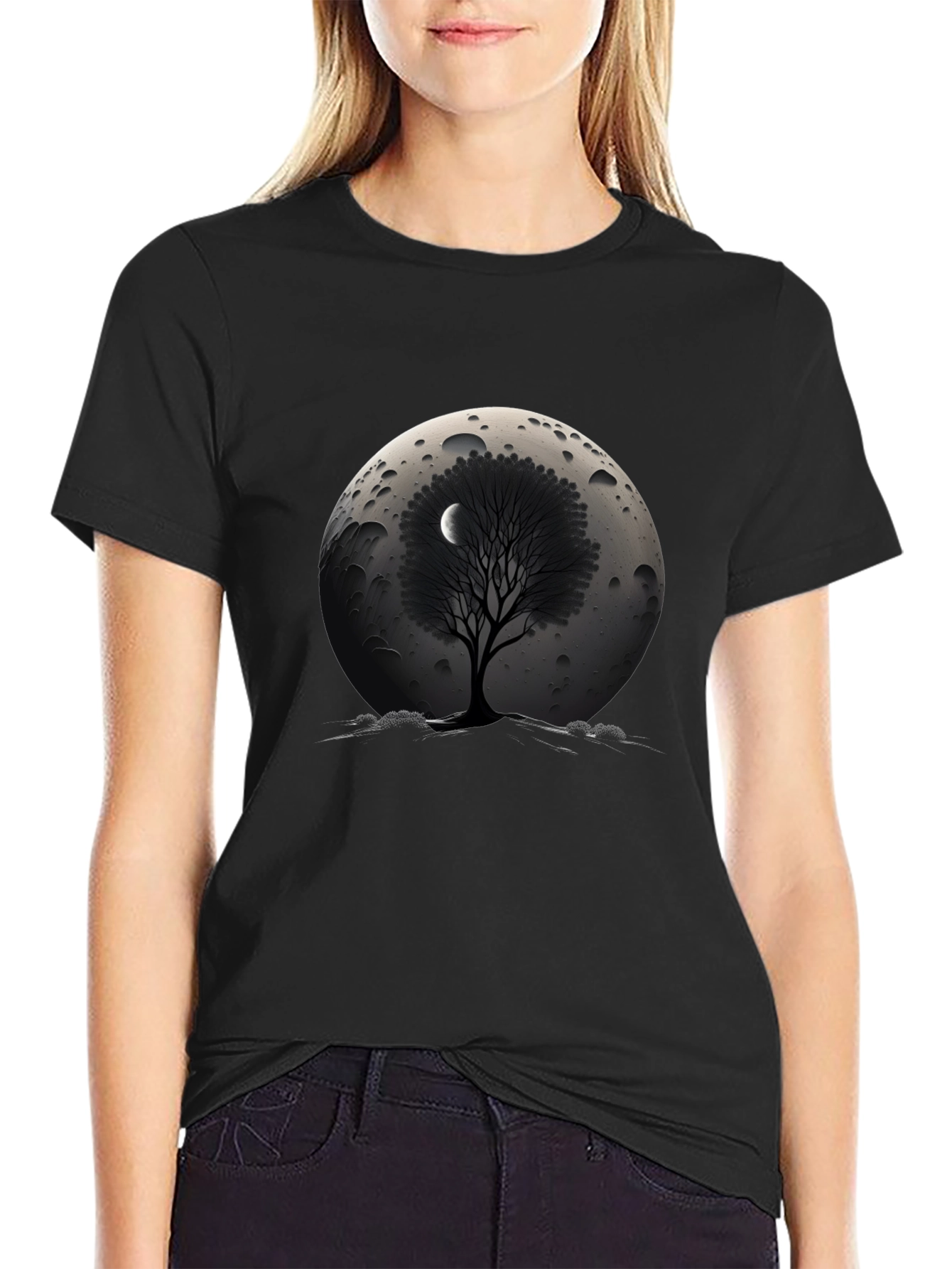 Lunar Tree Graphic T-Shirt - Stylish Black Tee