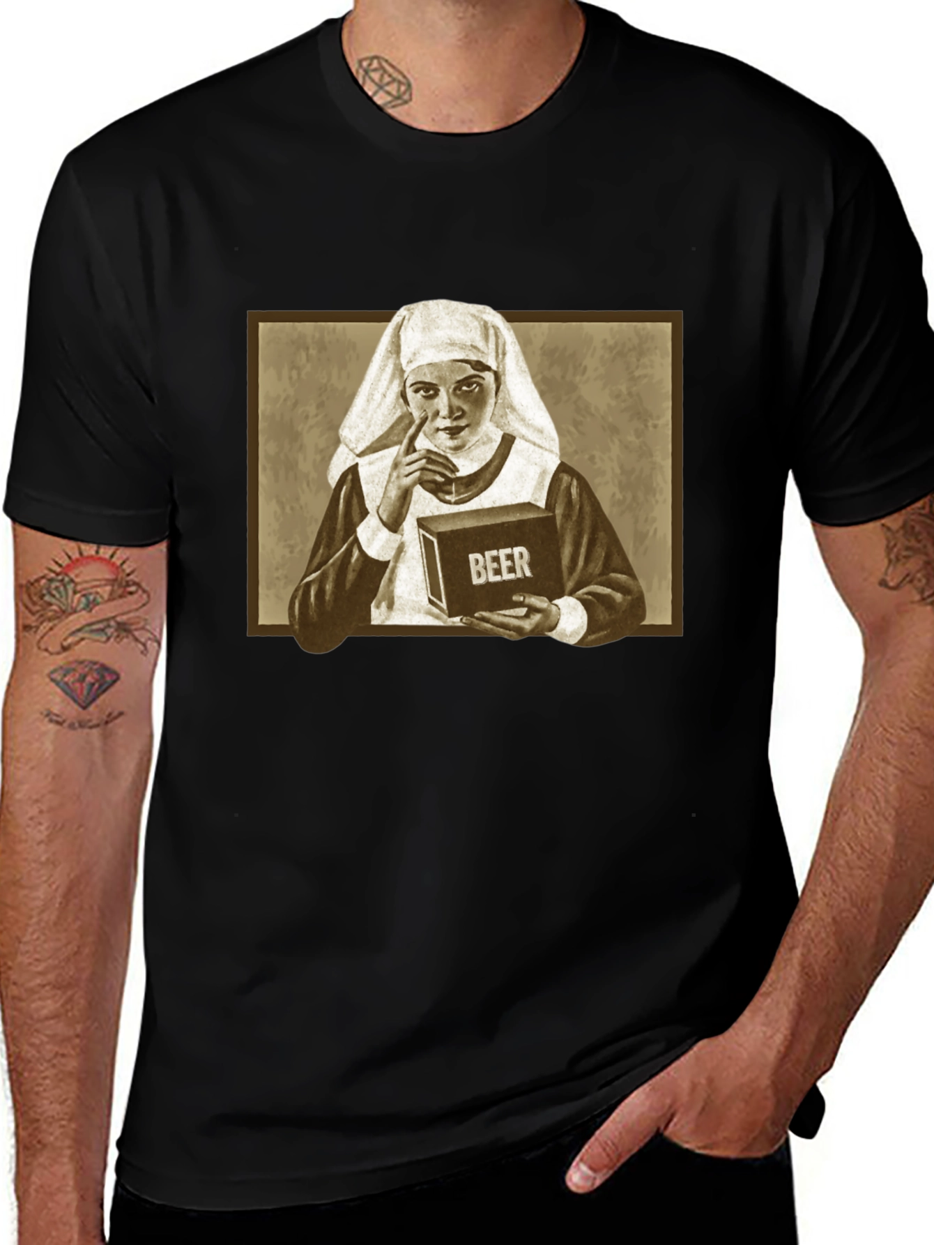 Nun with Beer T-Shirt: Humorous Graphic Tee