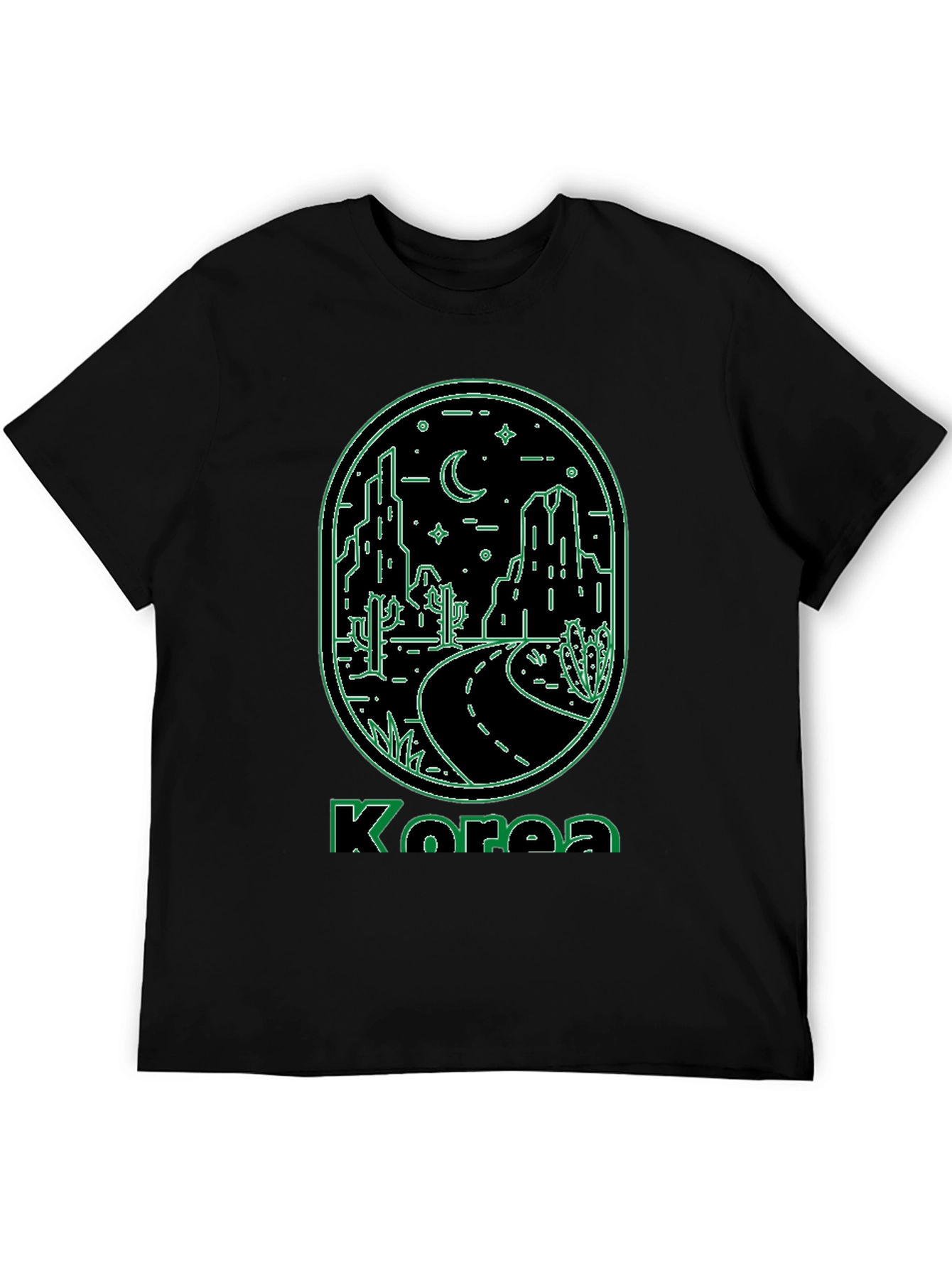 Korea Neon Desert Graphic Tee - Black Cotton Casual T-Shirt
