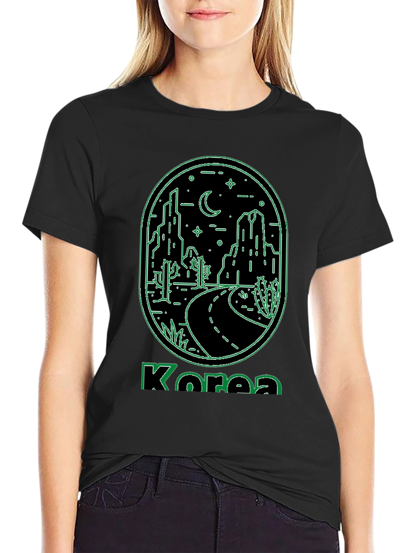 Korea Neon Desert Graphic Tee - Black Cotton Casual T-Shirt