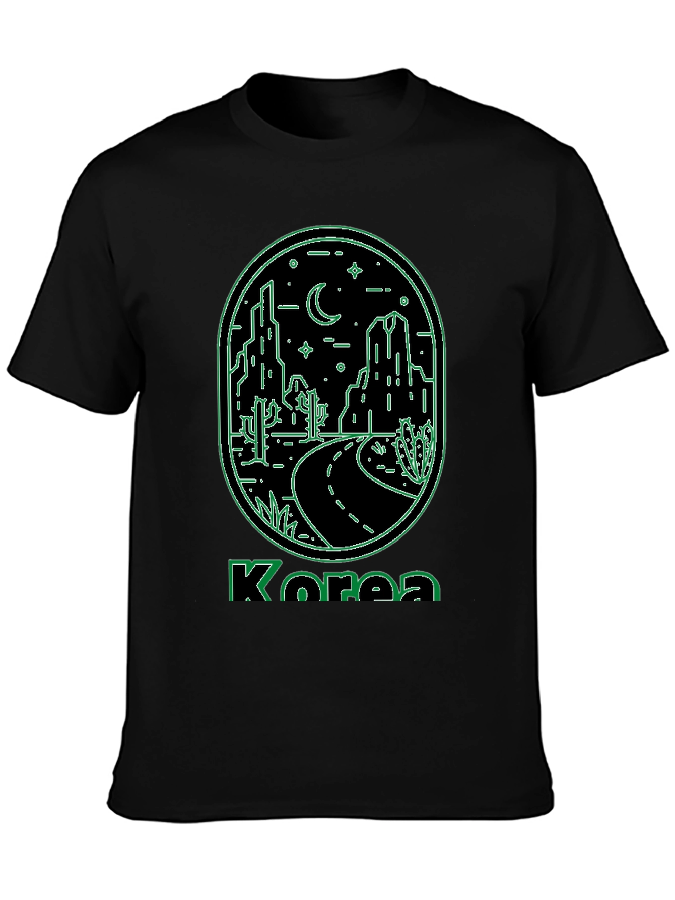 Korea Neon Desert Graphic Tee - Black Cotton Casual T-Shirt
