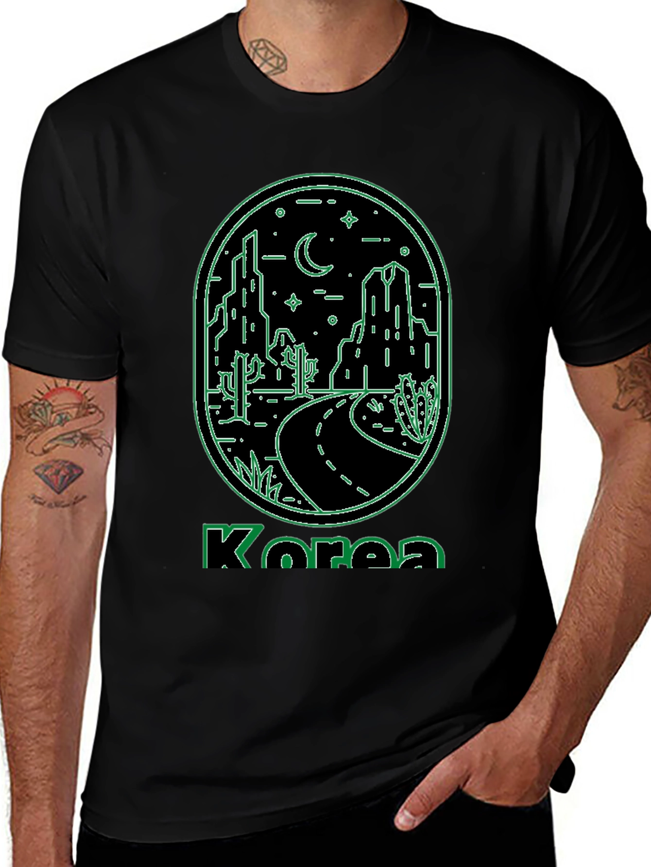 Korea Neon Desert Graphic Tee - Black Cotton Casual T-Shirt