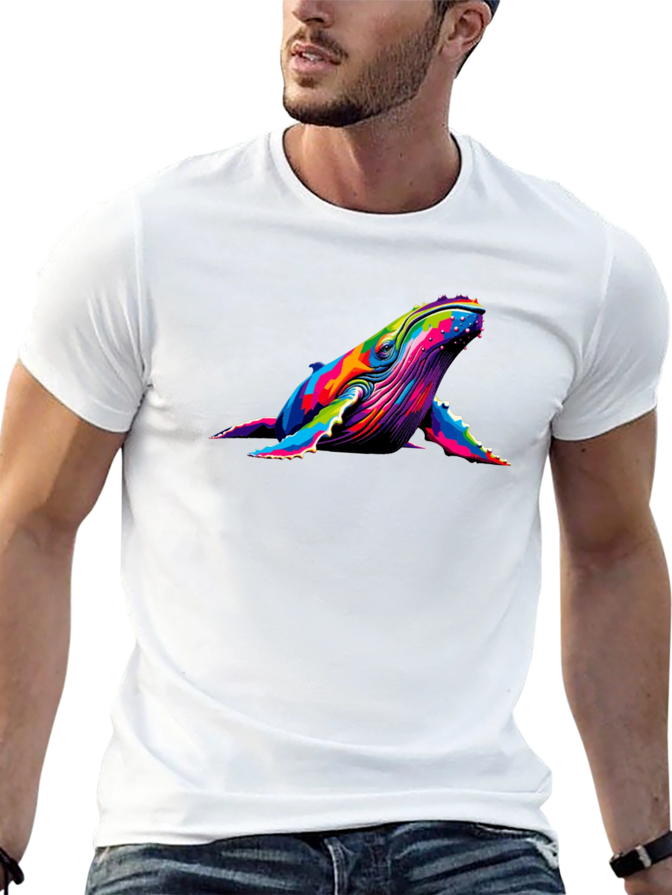 Rainbow Whale Graphic Tee - Black Cotton T-Shirt