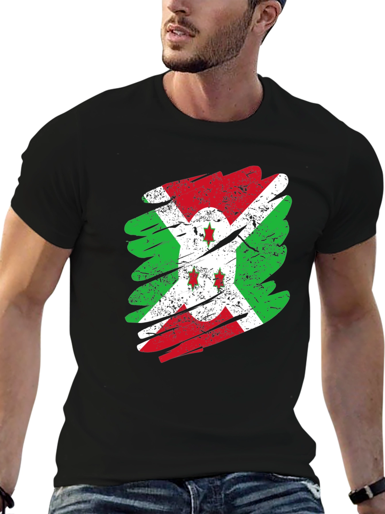 Burundi Flag Distressed T-Shirt Black