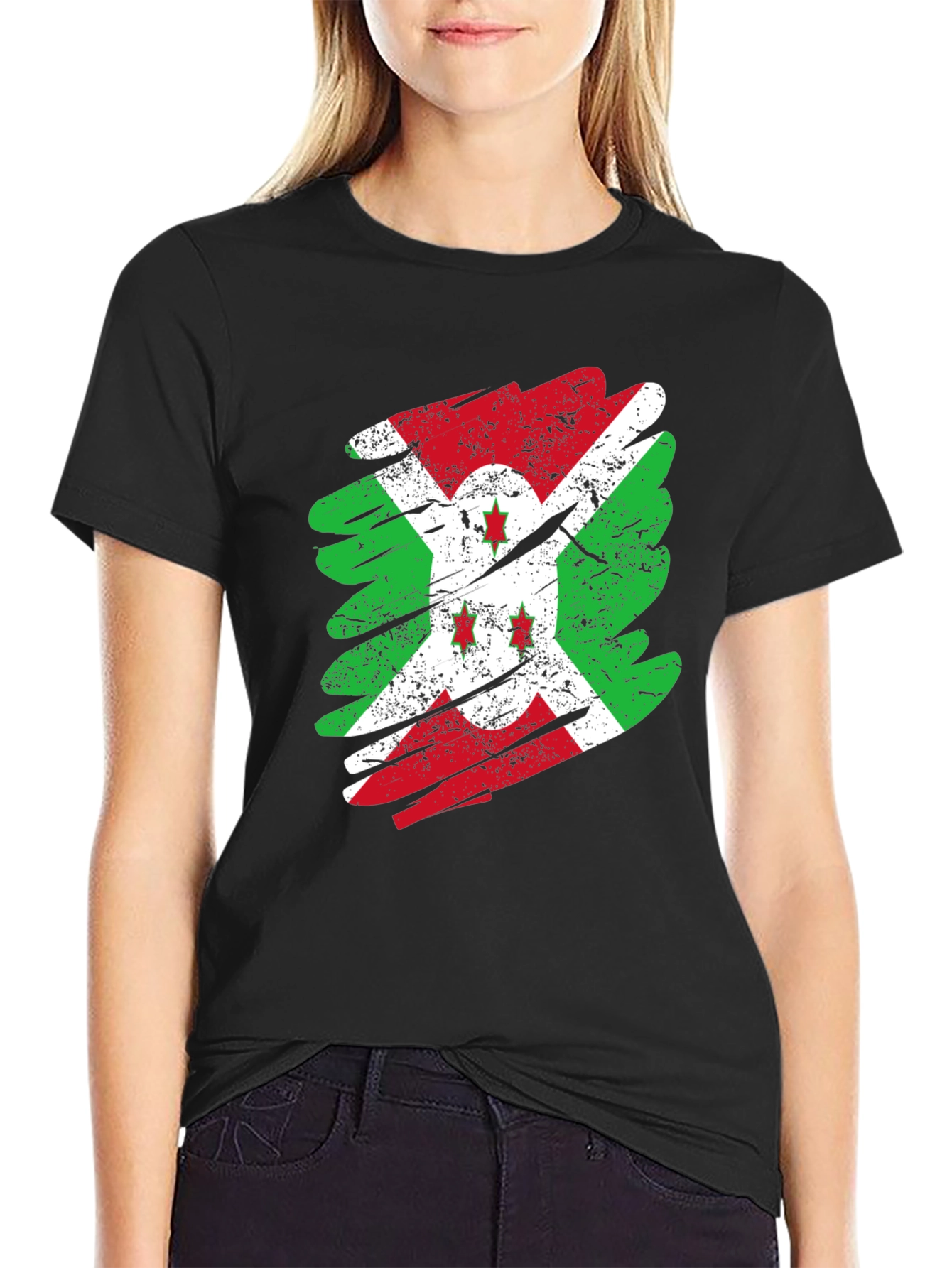 Burundi Flag Distressed T-Shirt Black