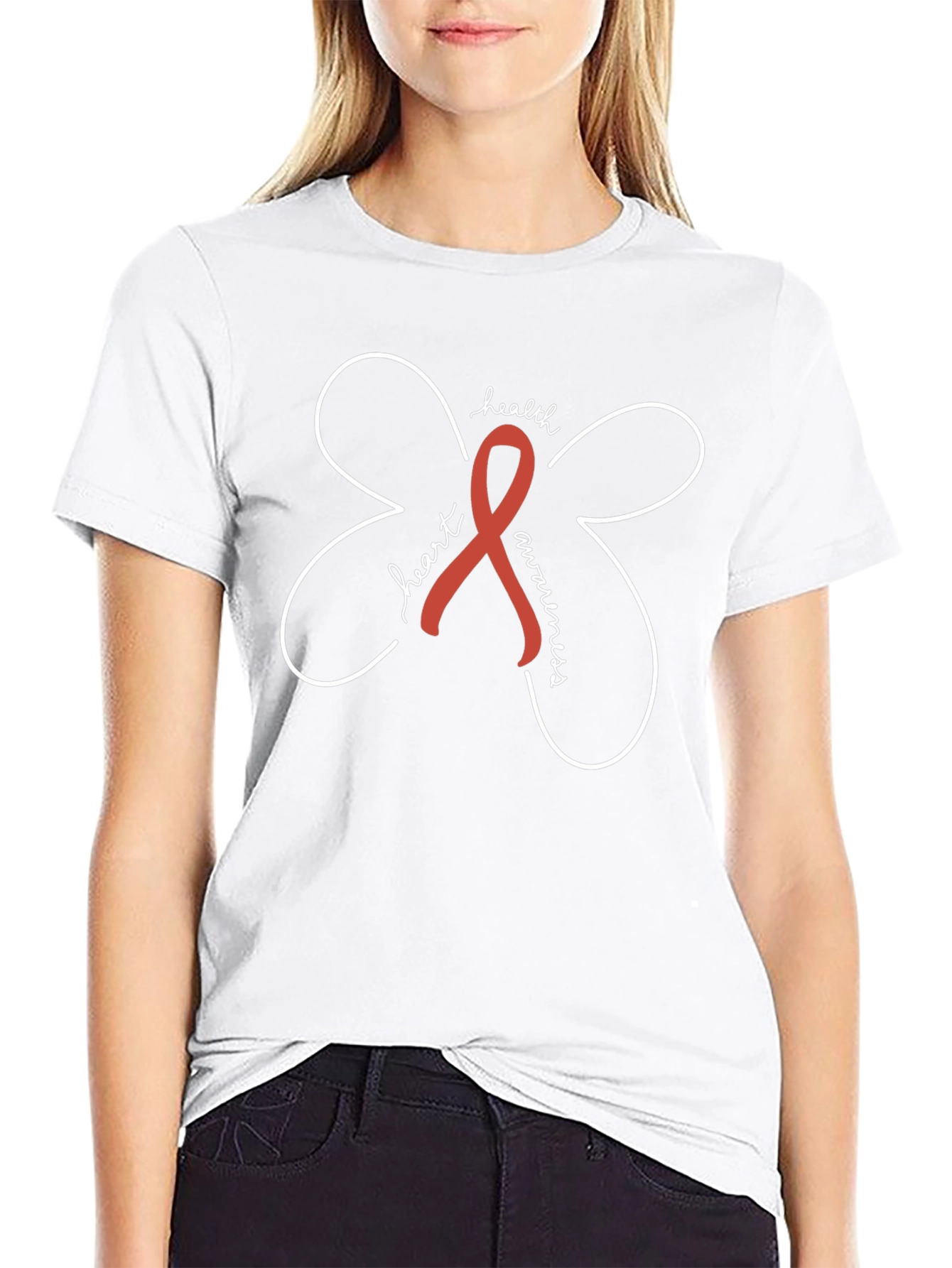 Heart Health Awareness Ribbon Black Tee