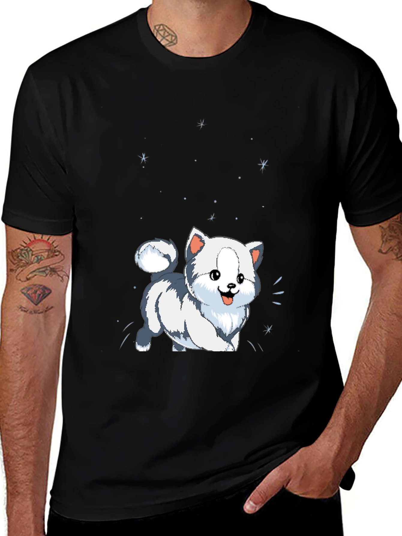 Cute Cartoon Puppy Graphic Tee - Black