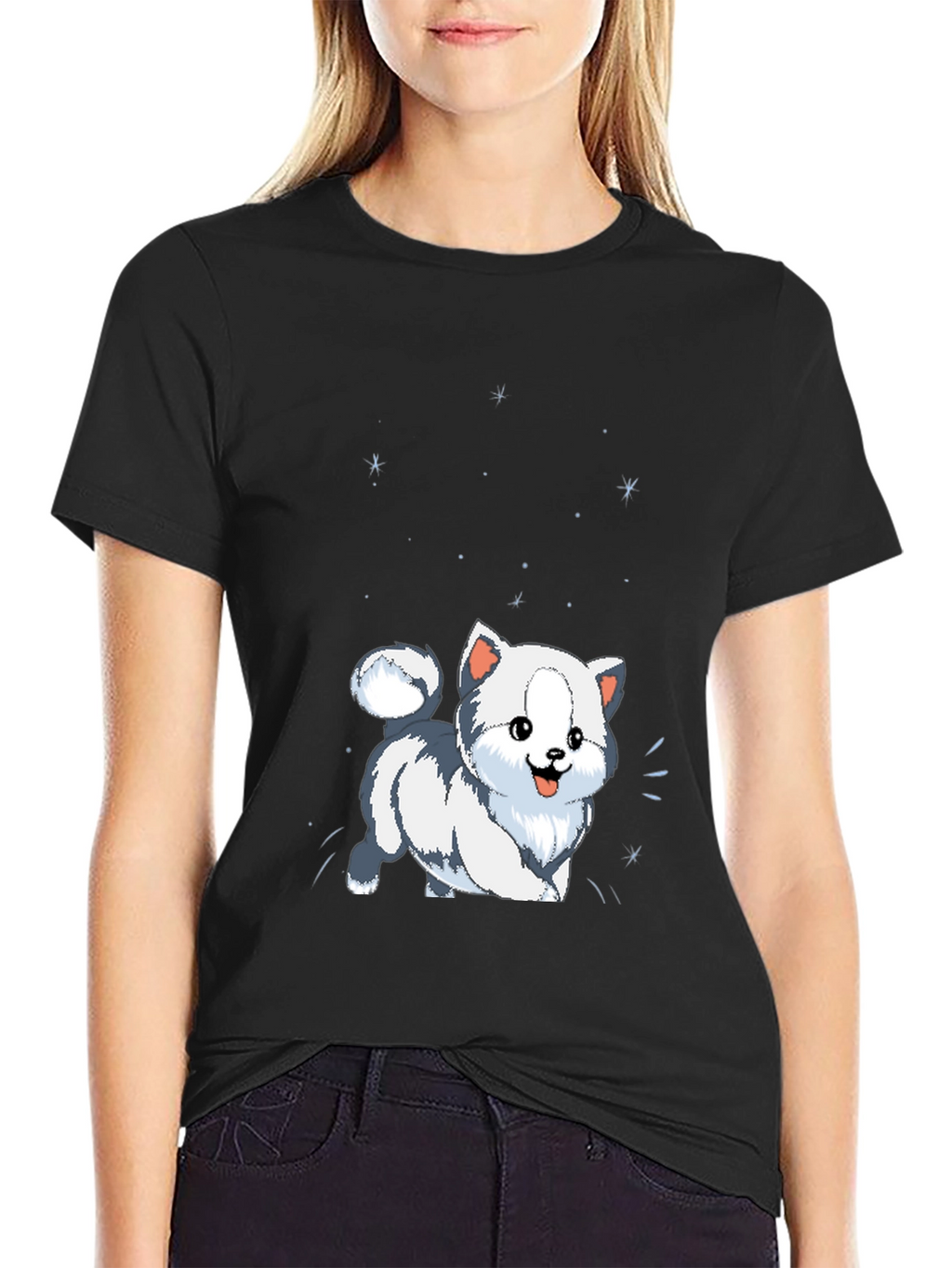 Cute Cartoon Puppy Graphic Tee - Black