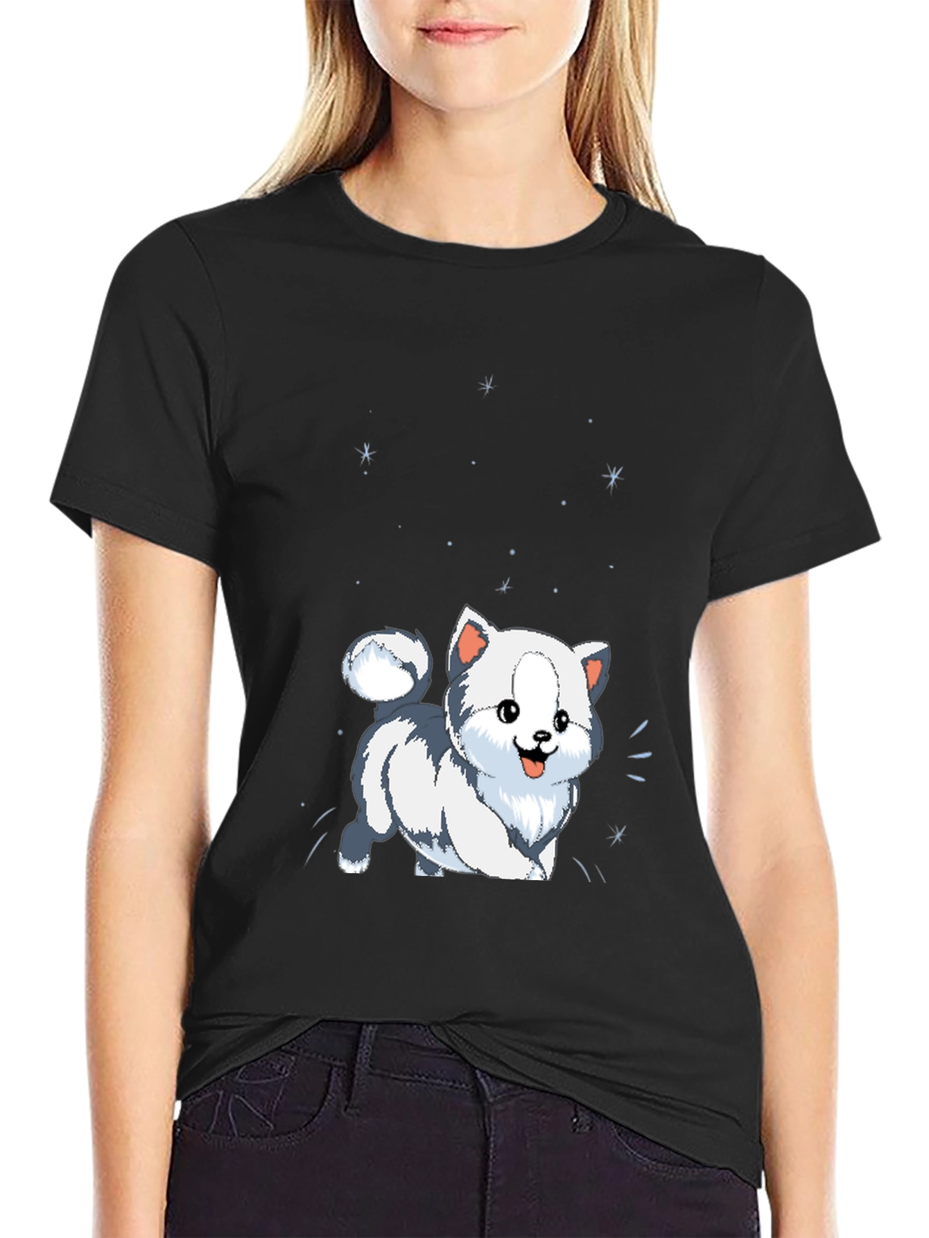 Cute Cartoon Puppy Graphic Tee - Black