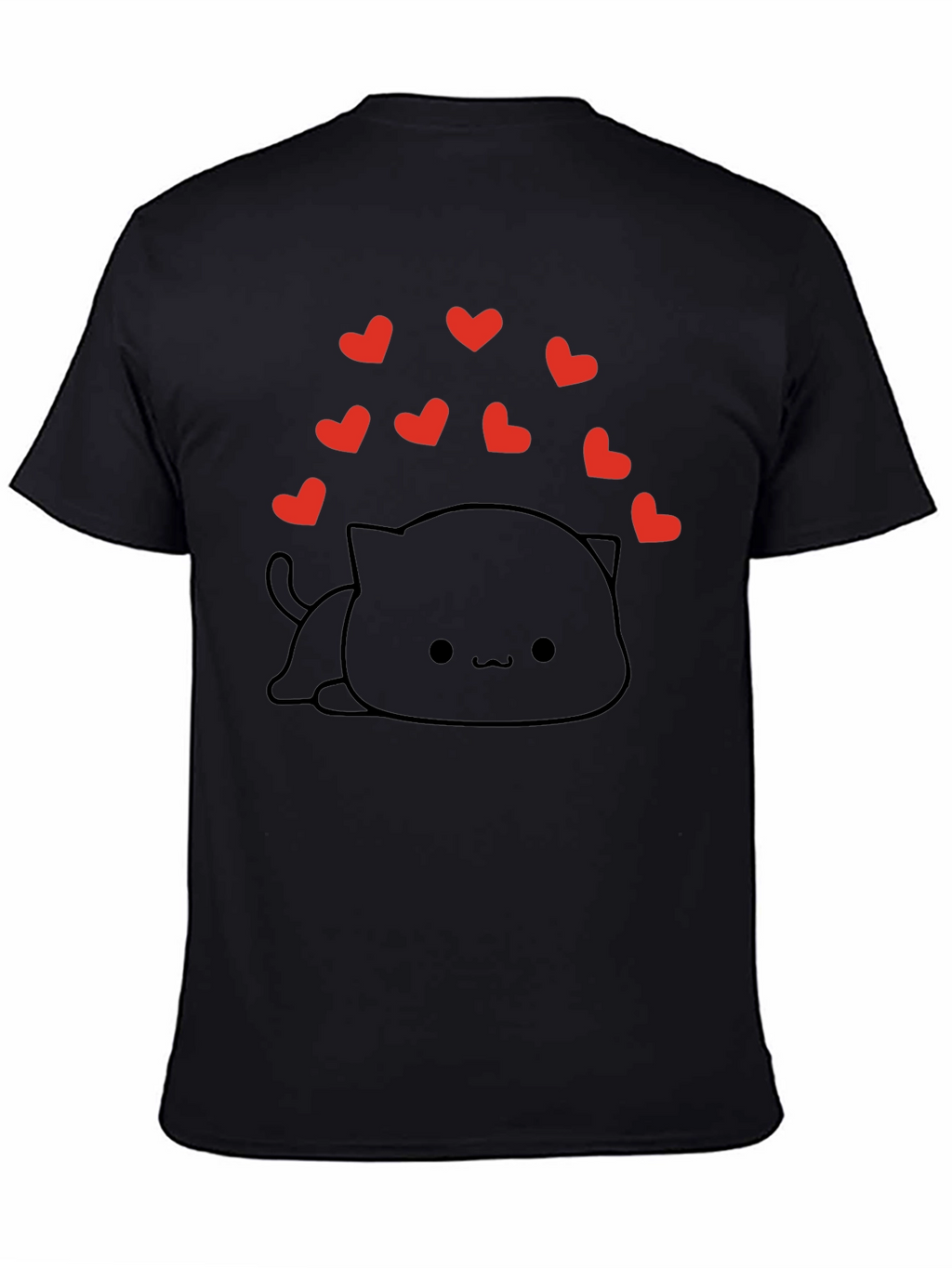 Cute Kawaii Cat with Hearts Black T-Shirt
