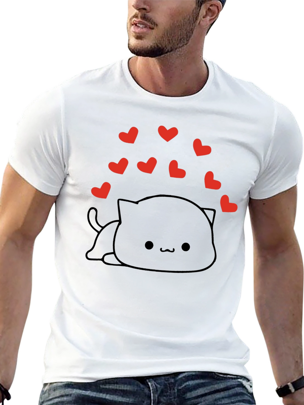 Cute Kawaii Cat with Hearts Black T-Shirt