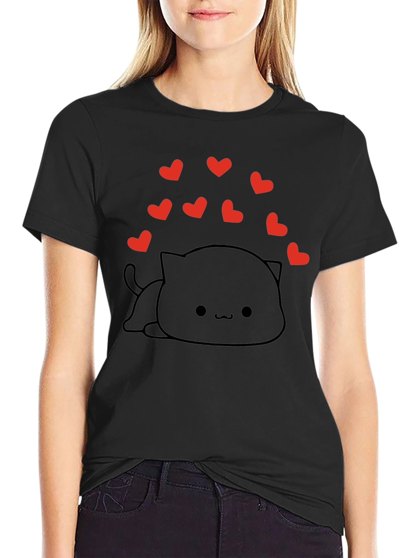 Cute Kawaii Cat with Hearts Black T-Shirt