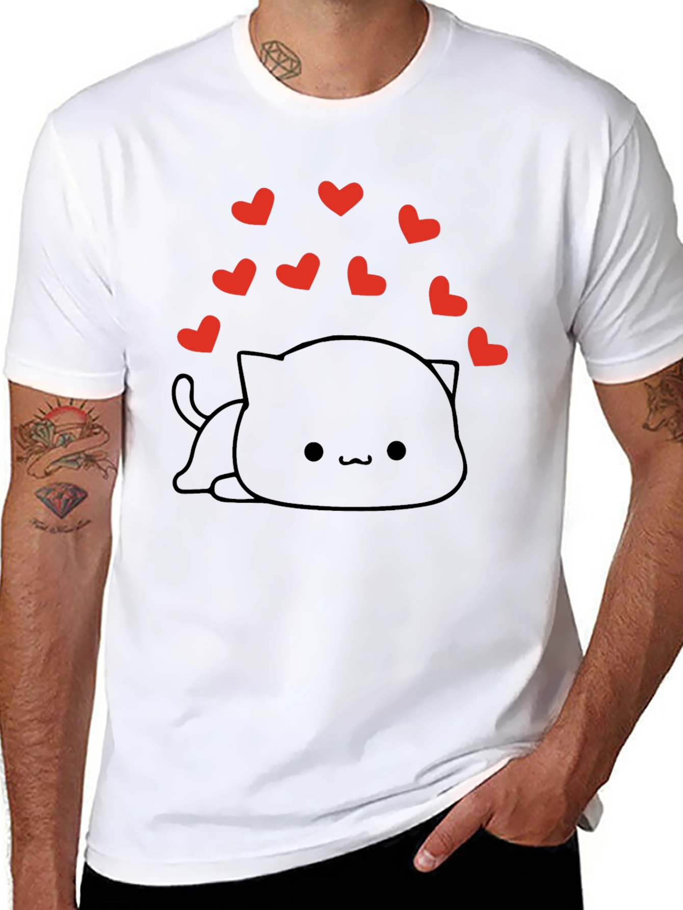 Cute Kawaii Cat with Hearts Black T-Shirt