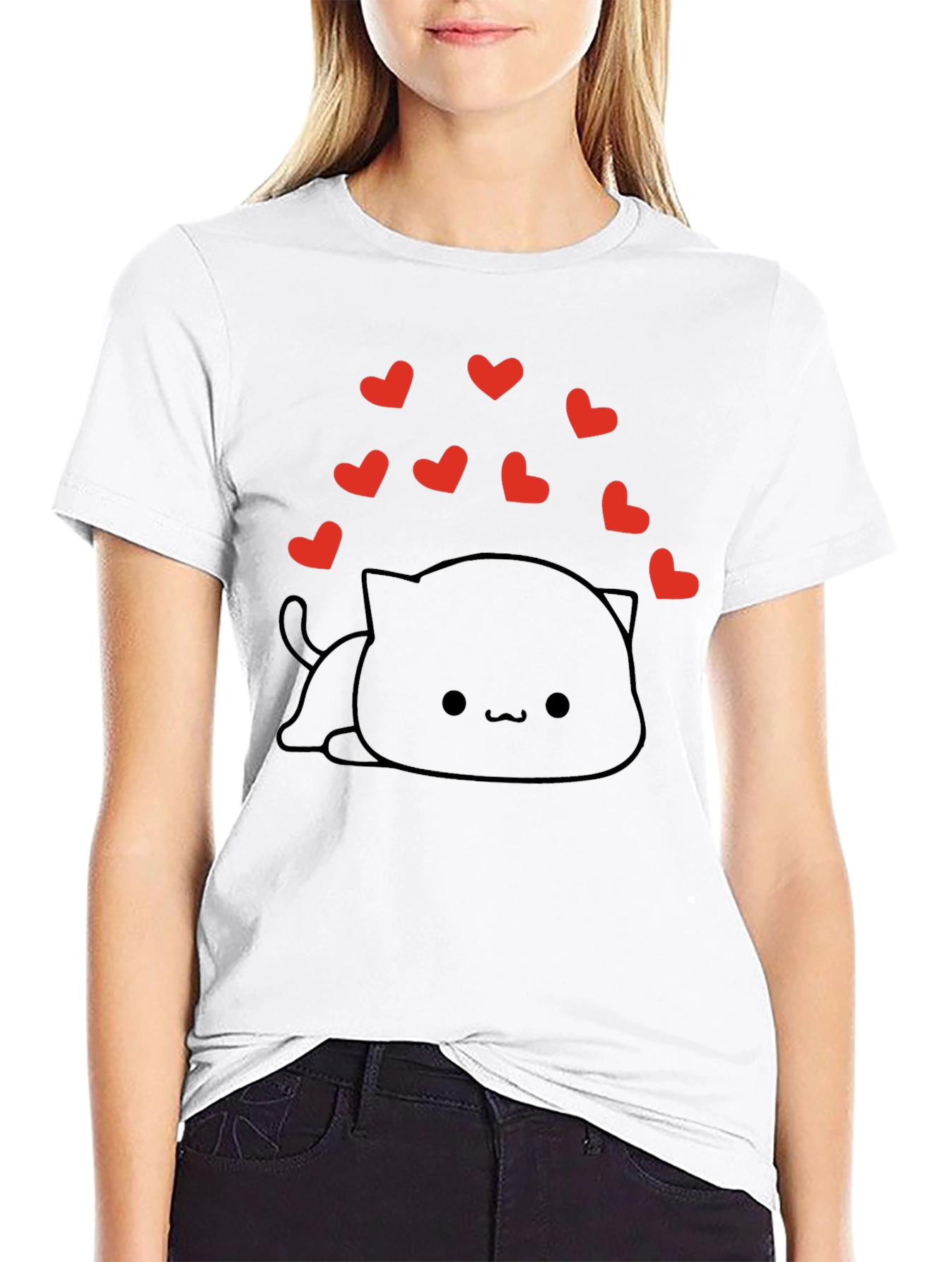Cute Kawaii Cat with Hearts Black T-Shirt