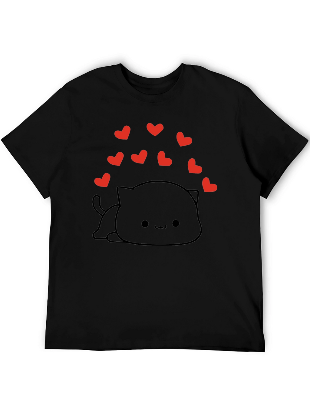 Cute Kawaii Cat with Hearts Black T-Shirt