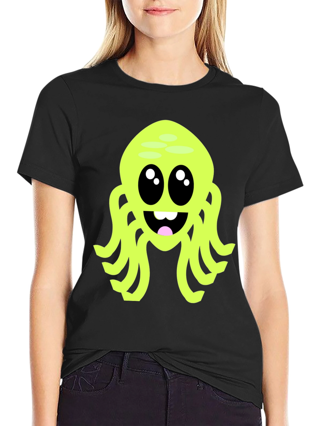 Cute Cartoon Octopus Graphic Tee - Black