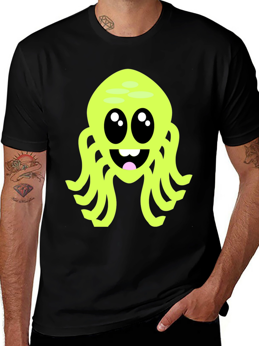 Cute Cartoon Octopus Graphic Tee - Black