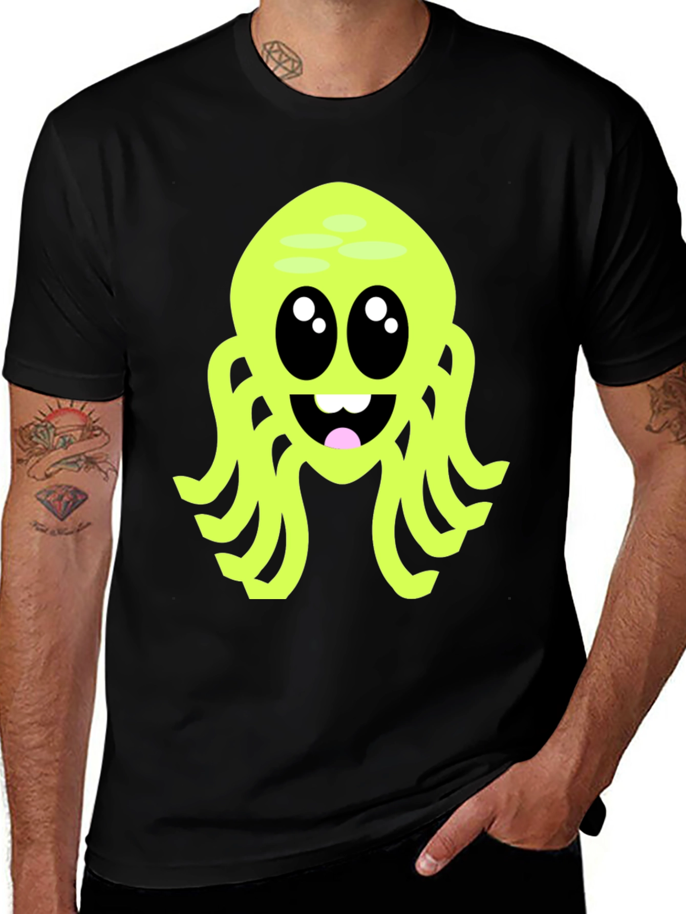 Cute Cartoon Octopus Graphic Tee - Black