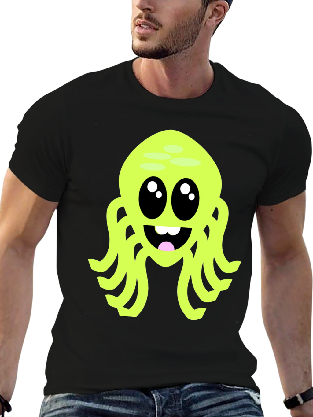 Cute Cartoon Octopus Graphic Tee - Black