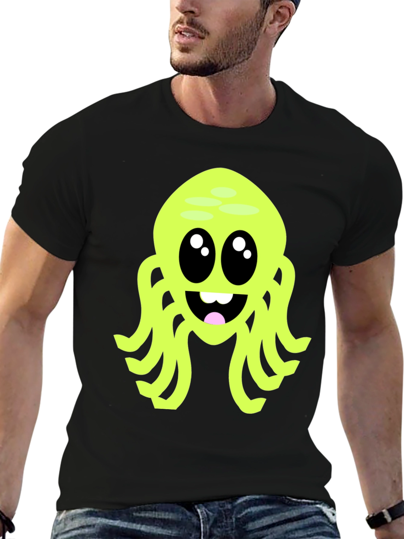 Cute Cartoon Octopus Graphic Tee - Black