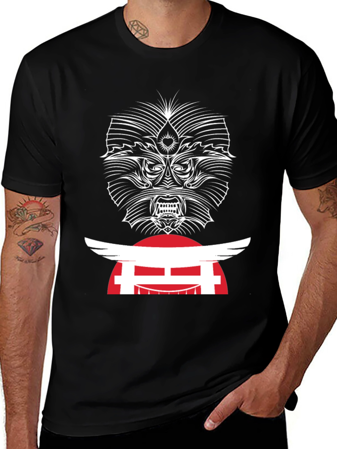 Edgy Graphic Tee - Japanese Oni Mask T-Shirt