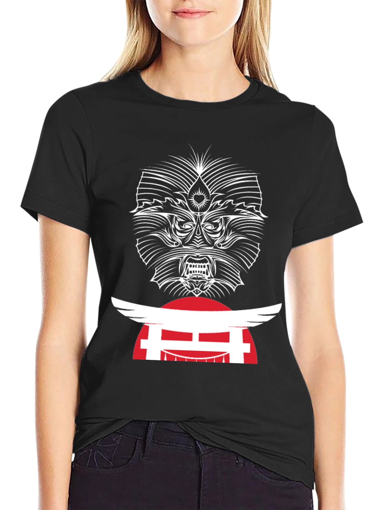 Edgy Graphic Tee - Japanese Oni Mask T-Shirt