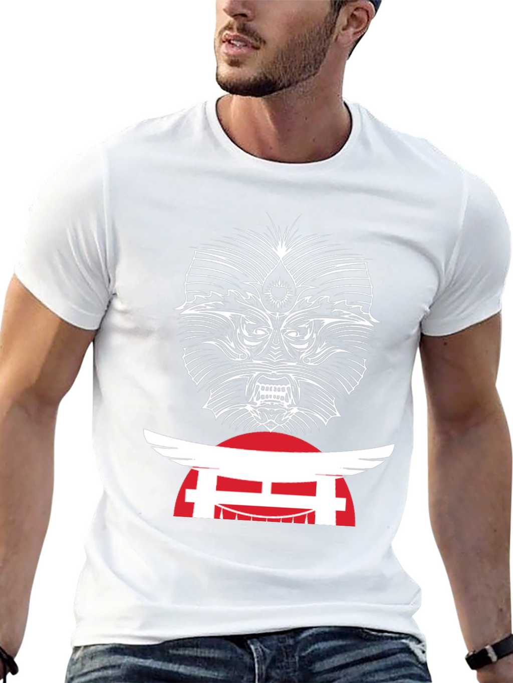 Edgy Graphic Tee - Japanese Oni Mask T-Shirt