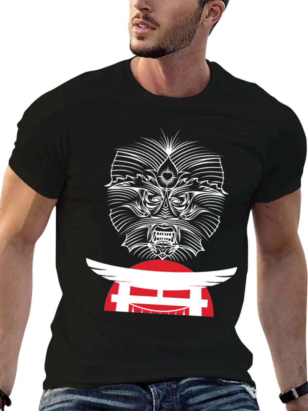 Edgy Graphic Tee - Japanese Oni Mask T-Shirt