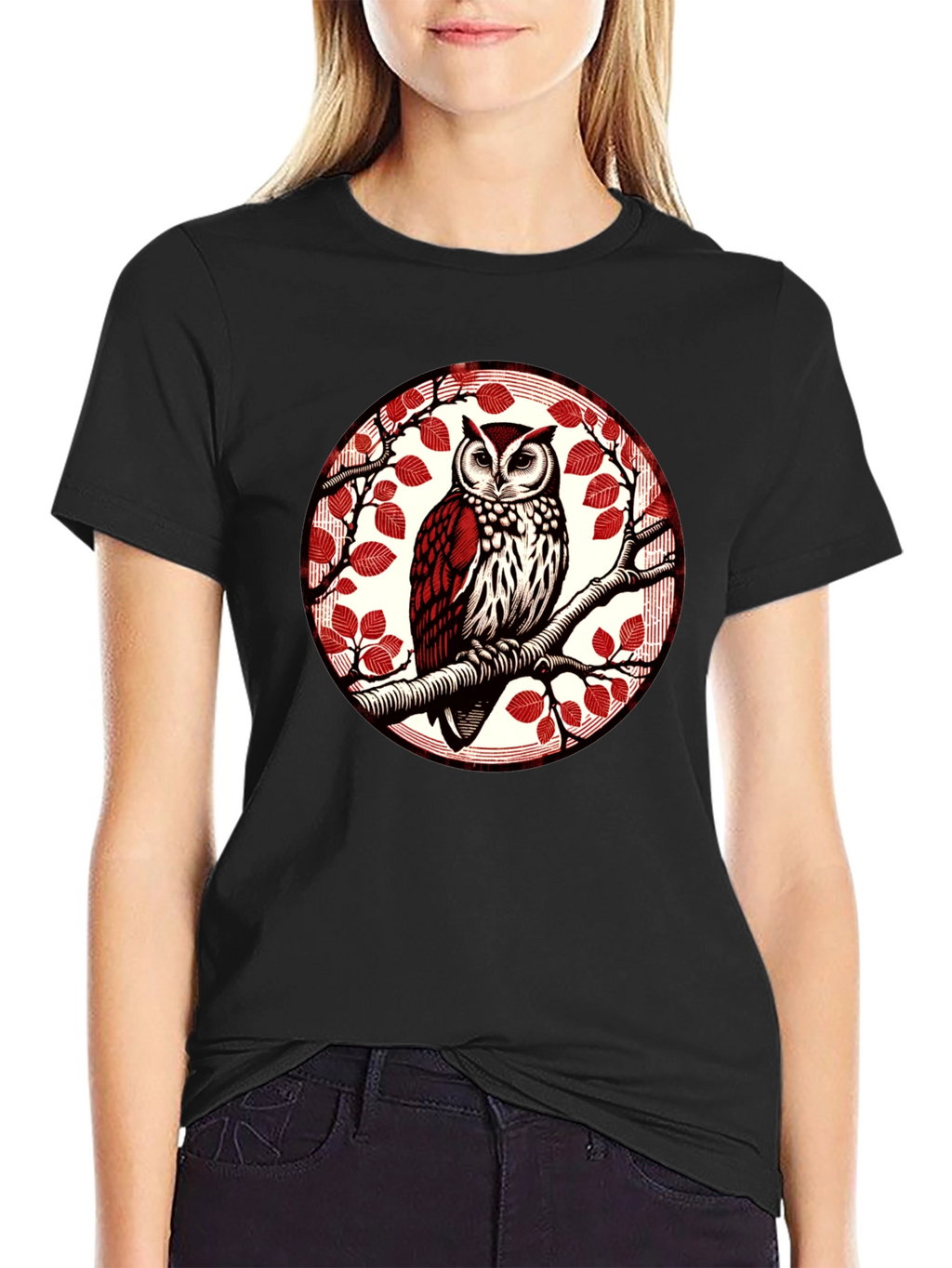 Owl on Branch Graphic Tee - Stylish Bird Design