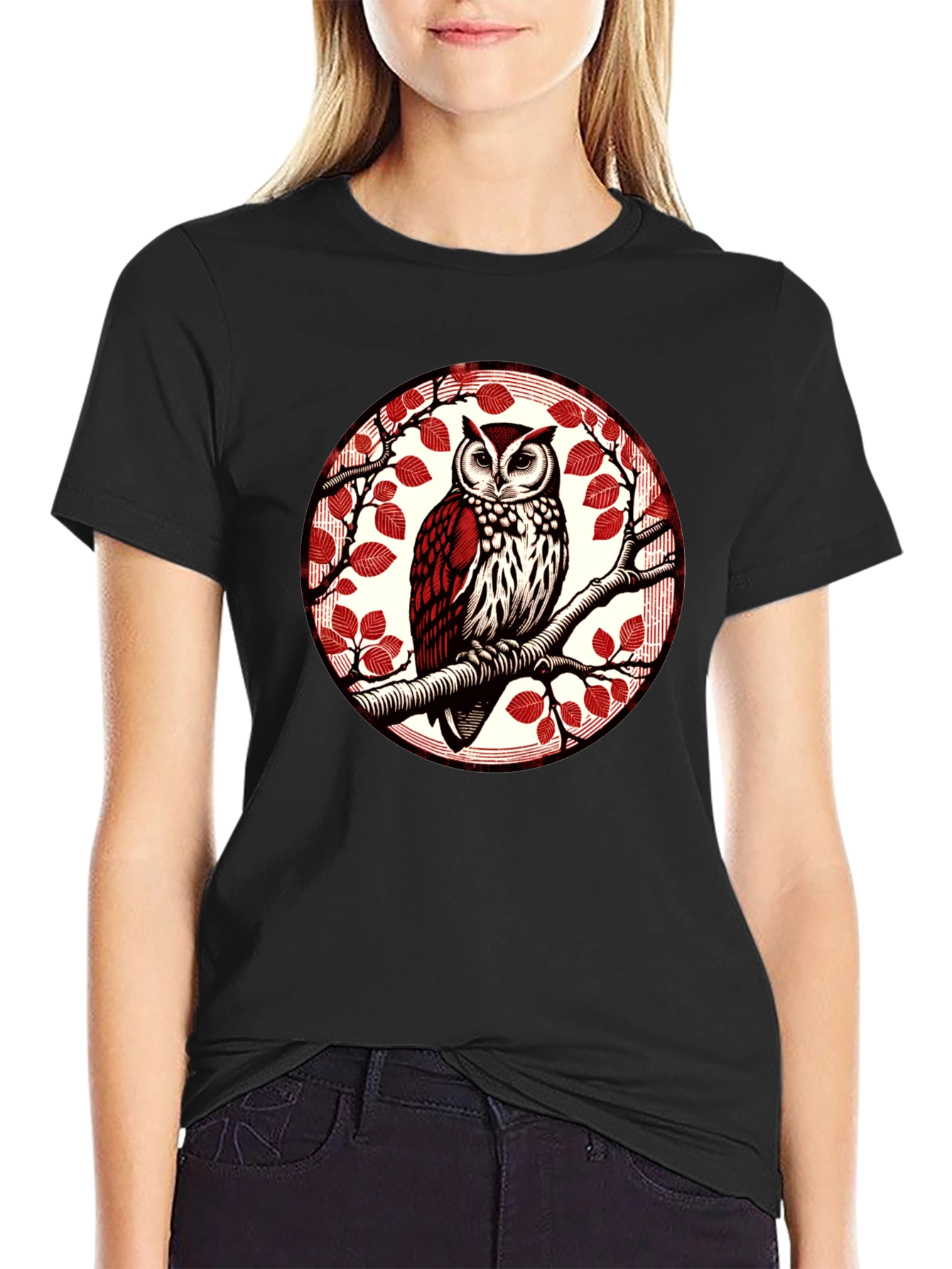 Owl on Branch Graphic Tee - Stylish Bird Design